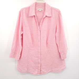 Coldwater Creek 100% linen button up tunic top Size XL pink 3/4 sleeves